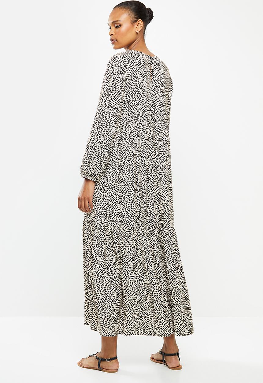 edit - Long sleeve v-neck tiered midi dress - beige & black 