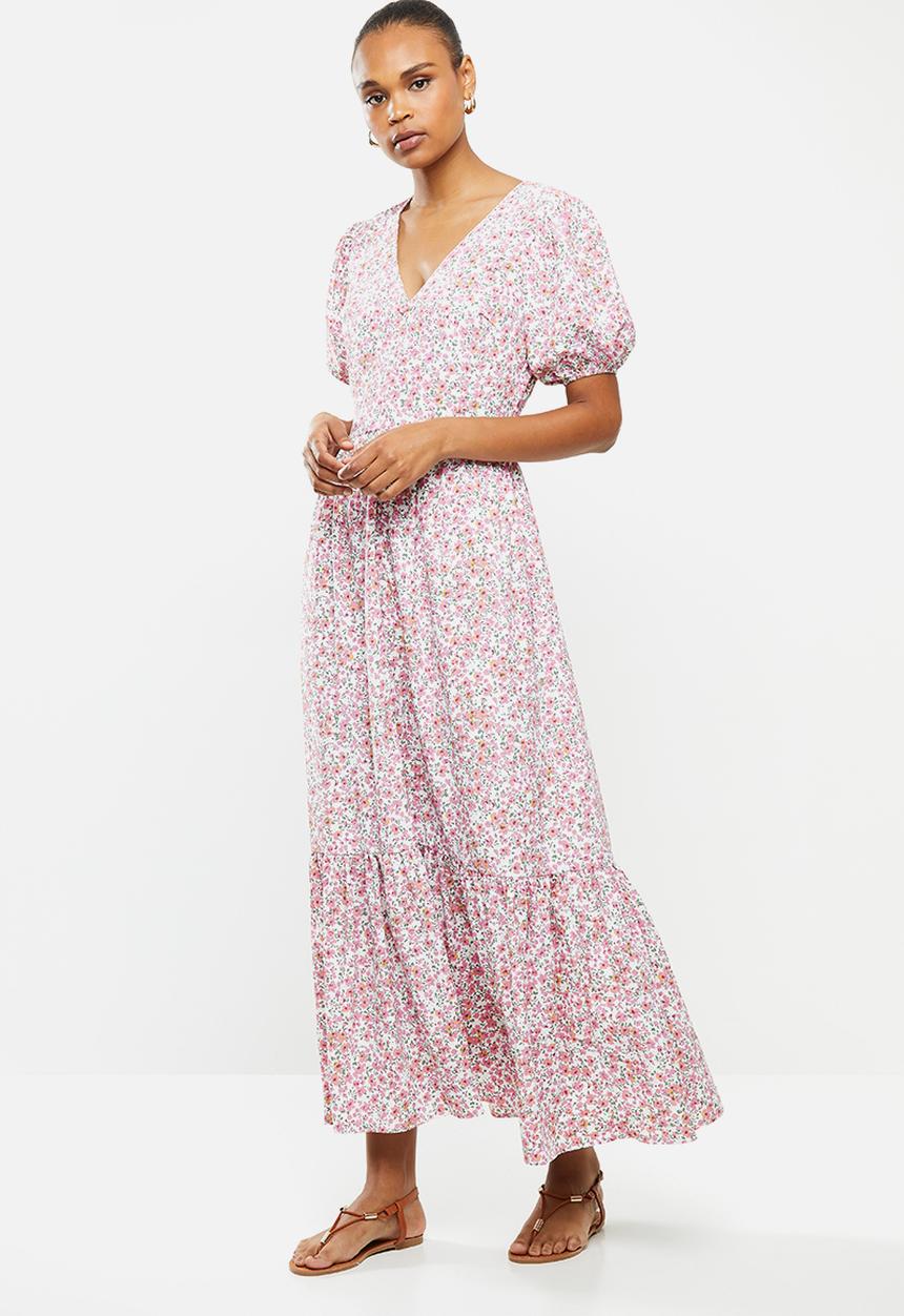 edit - Puff sleeve v-neck tiered maxi - pink & white