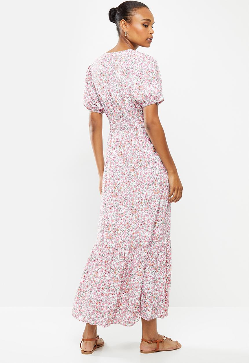 edit - Puff sleeve v-neck tiered maxi - pink & white