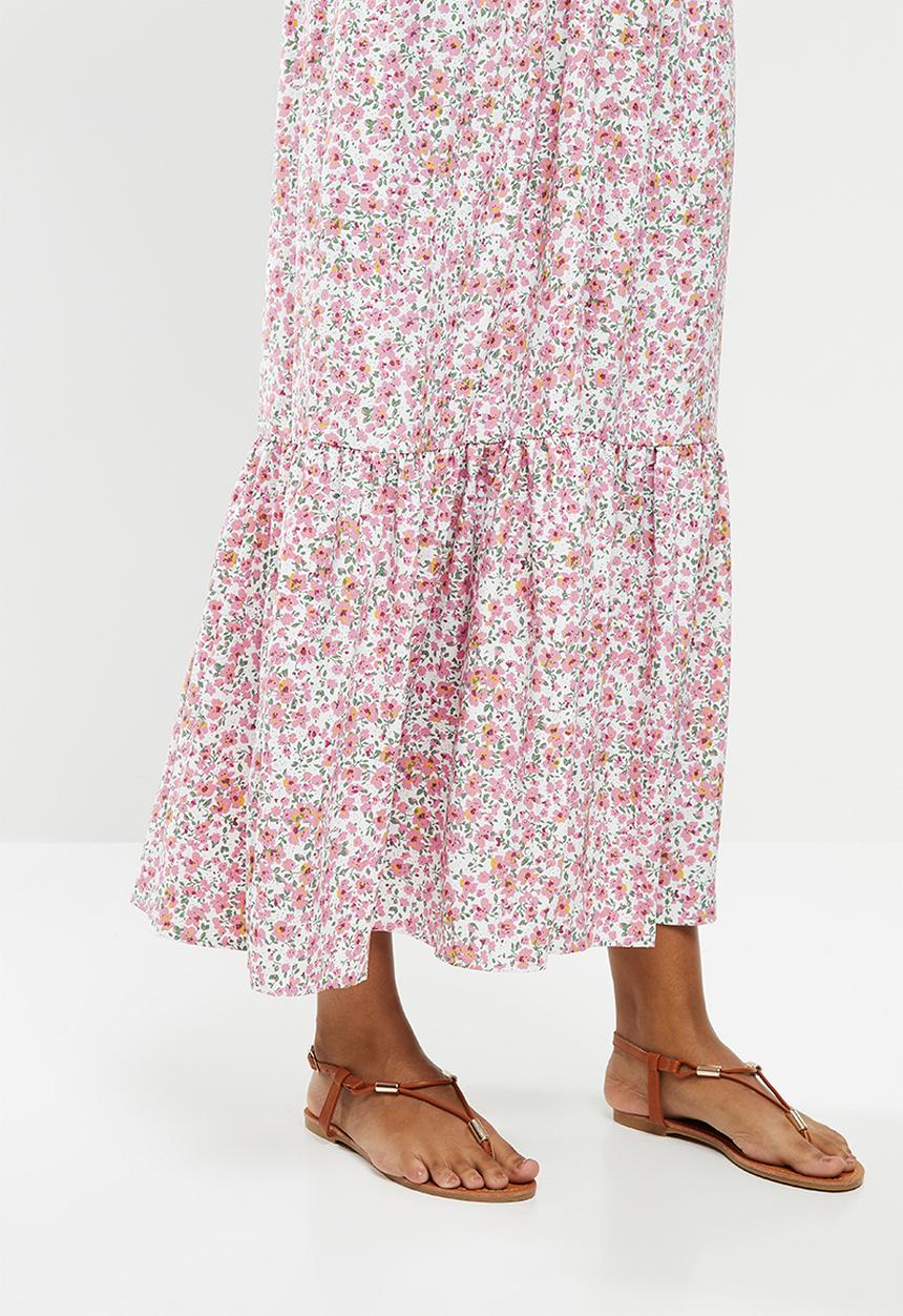 edit - Puff sleeve v-neck tiered maxi - pink & white