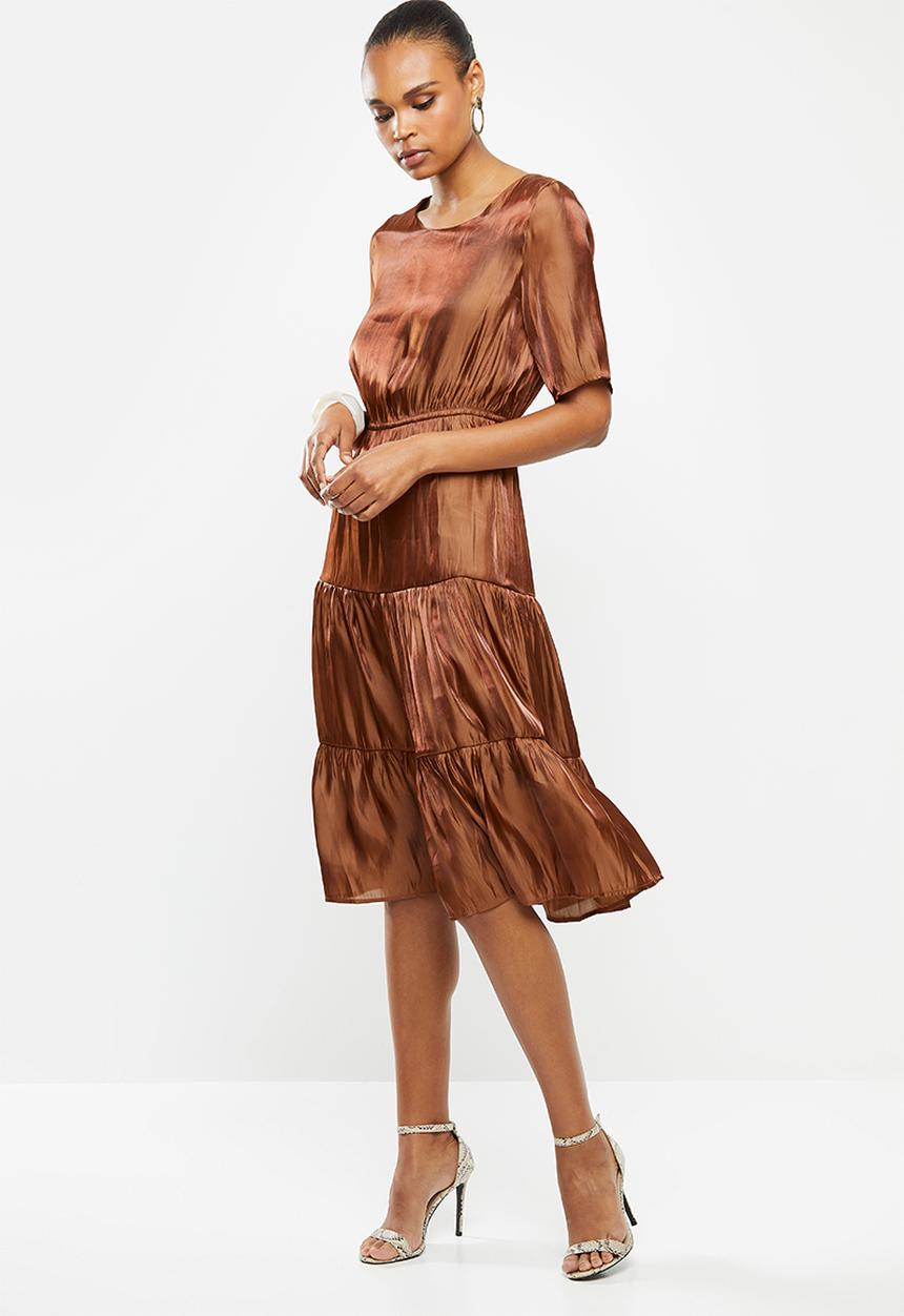 edit - Satin tiered midi dress - bronze