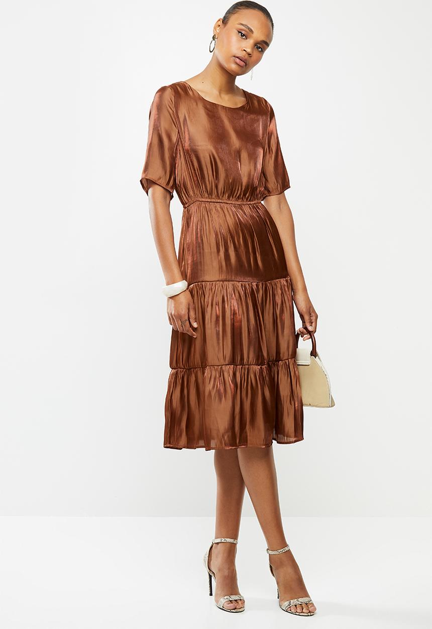 edit - Satin tiered midi dress - bronze