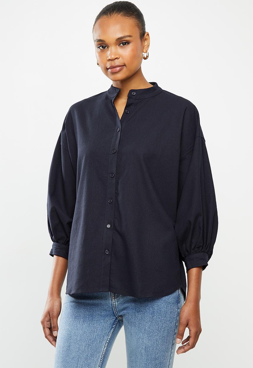 edit - Linen & cotton blend blouson slv shirt - navy
