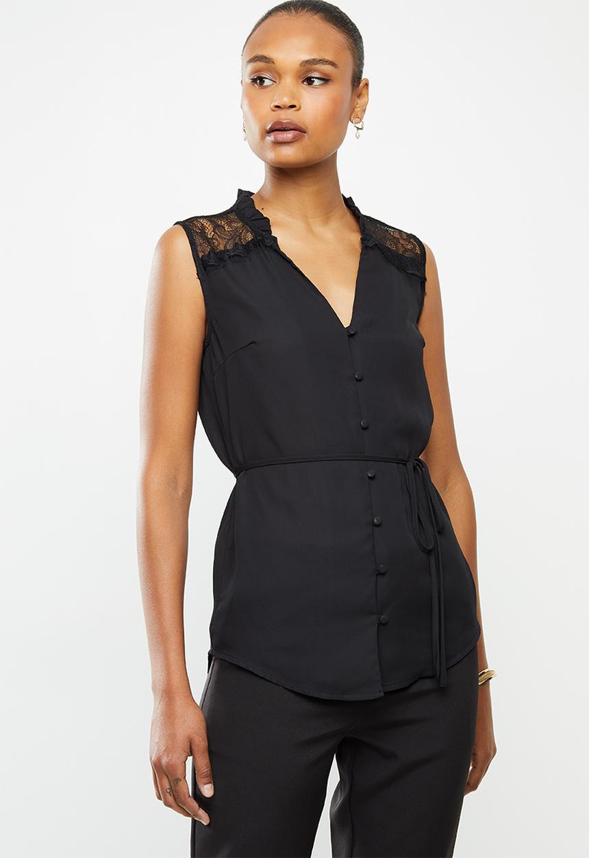 edit - Sleeveless lace inset shirt - black