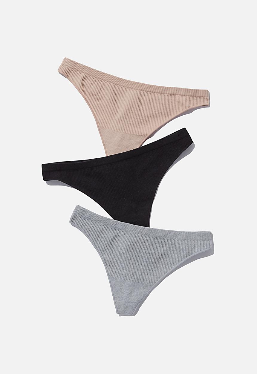 Cotton On - Seamfree rib g-string brief 3 pack - black, new latte & lt grey marle