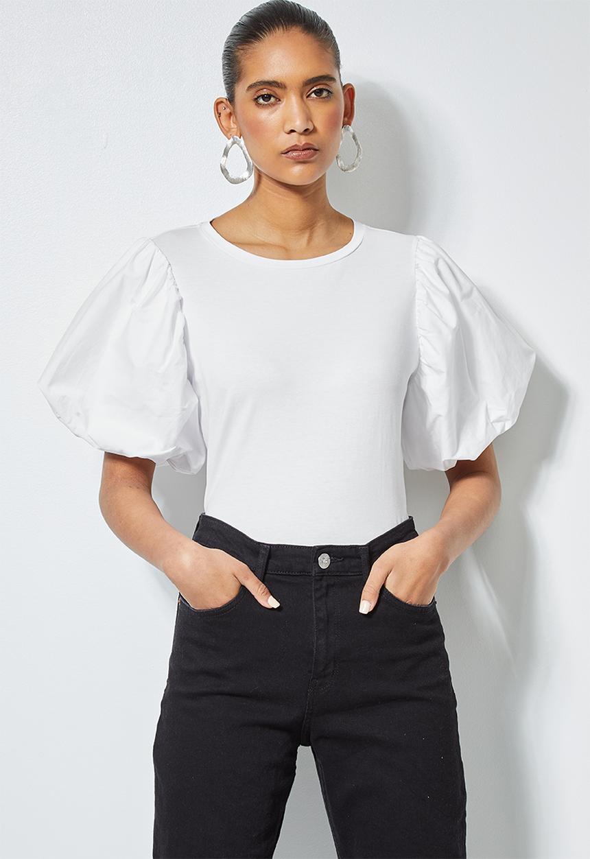 Superbalist - Combo fabric puff sleeve top - white