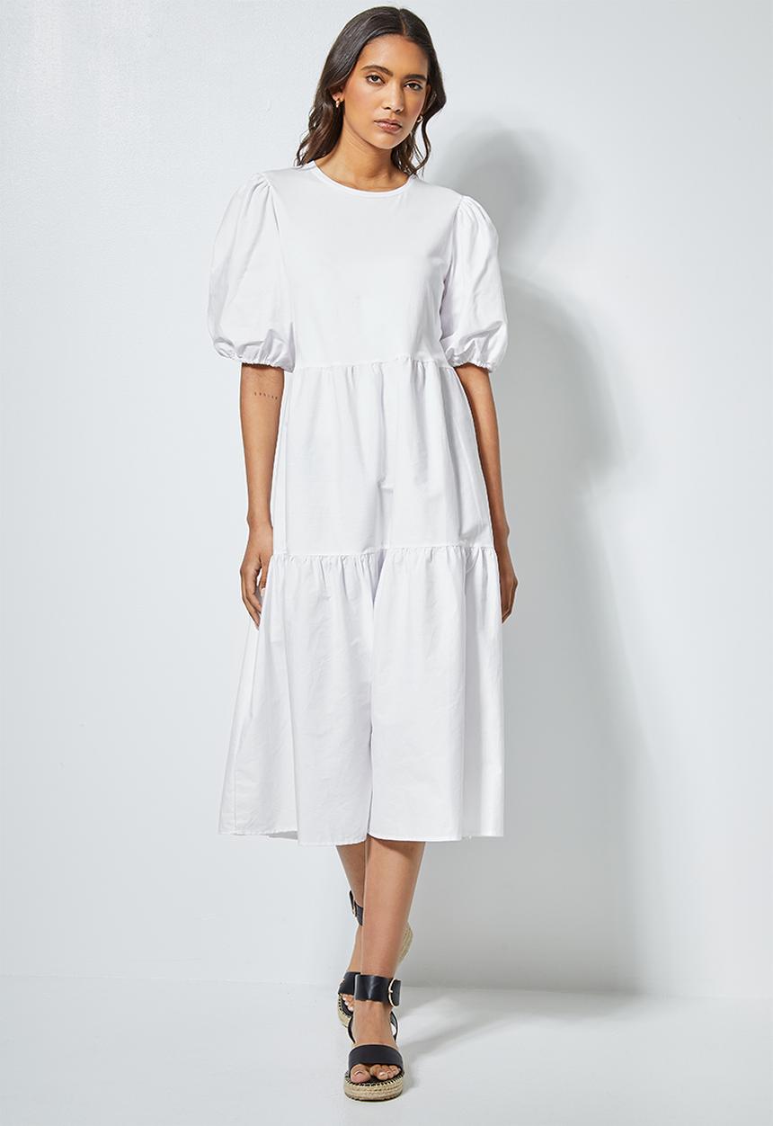 Superbalist - Combo fabric tiered dress - white