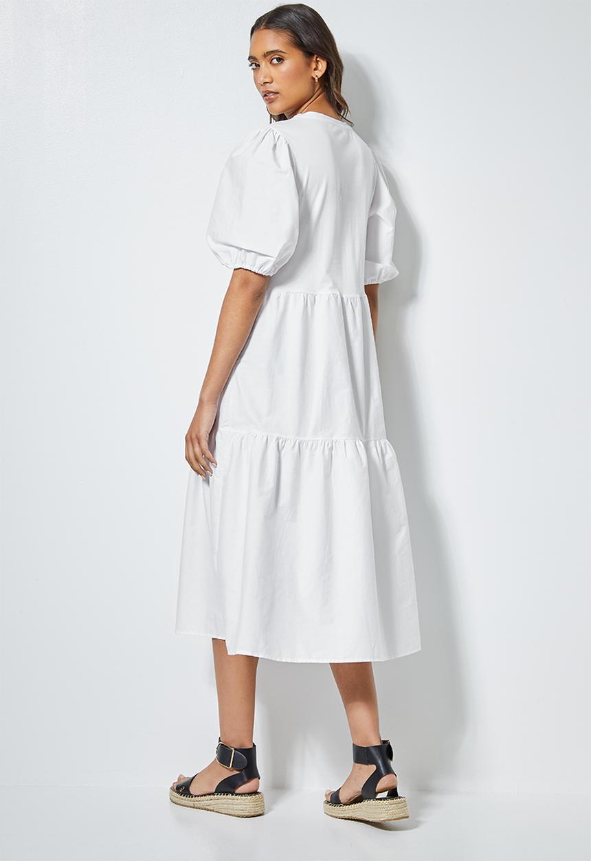 Superbalist - Combo fabric tiered dress - white
