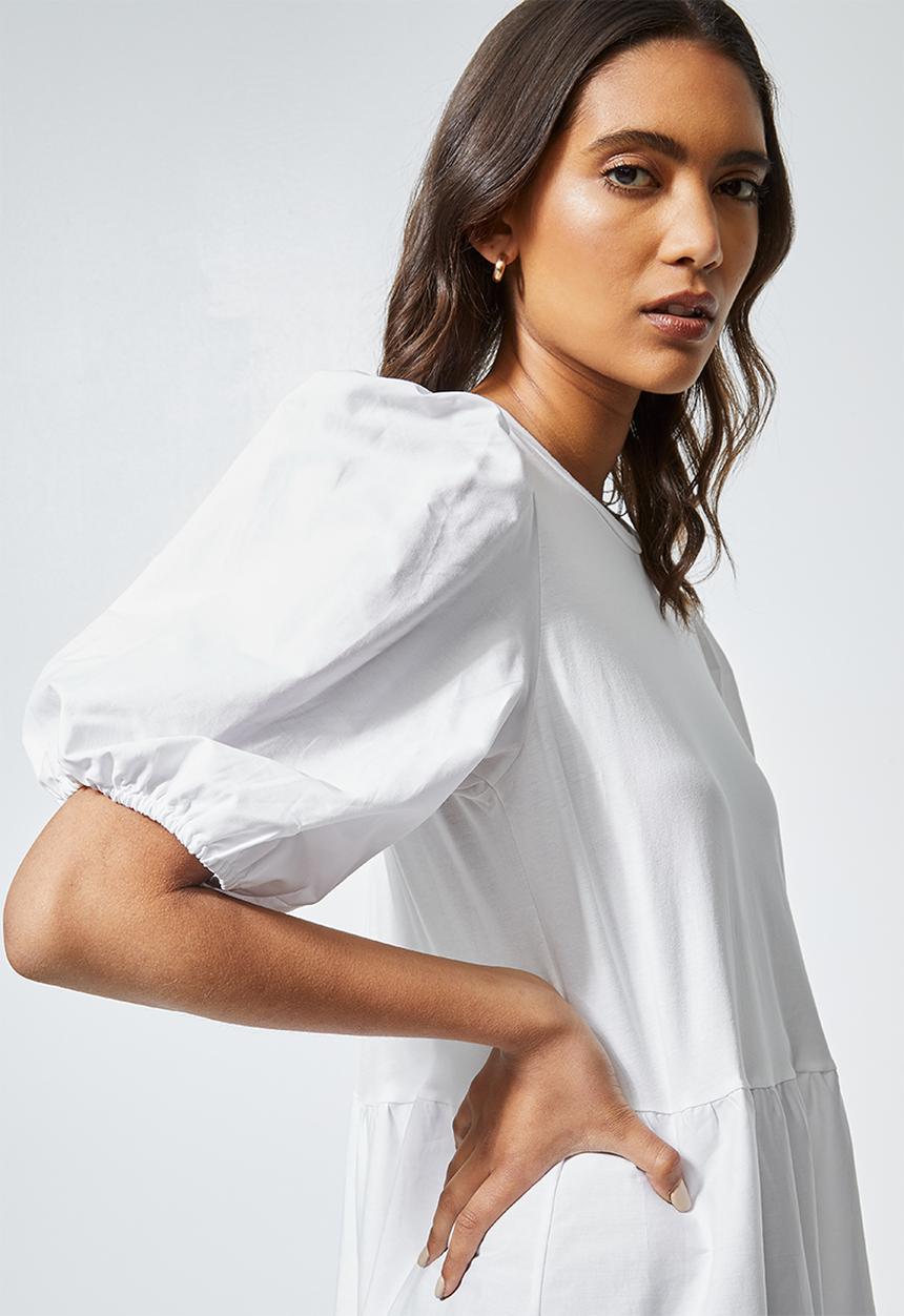 Superbalist - Combo fabric tiered dress - white