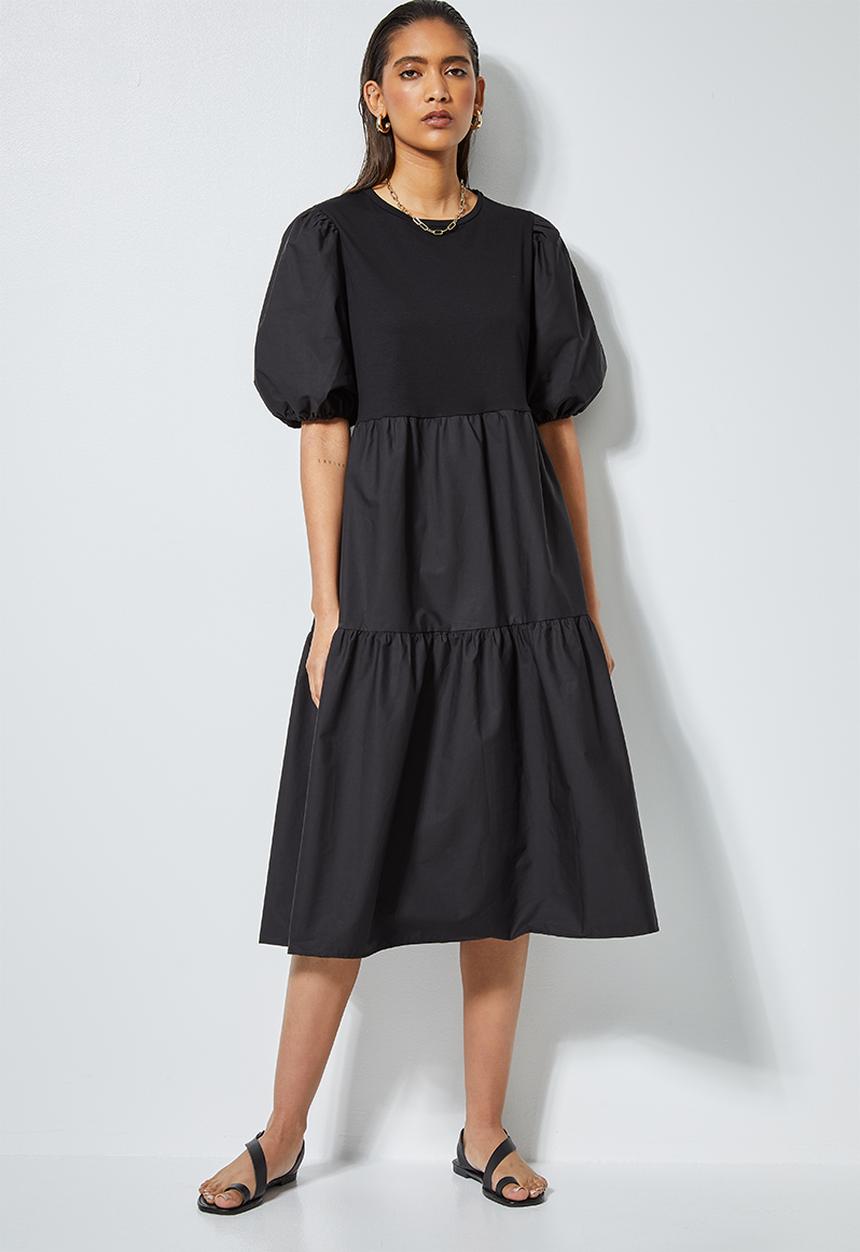 Superbalist - Combo fabric tiered dress - black