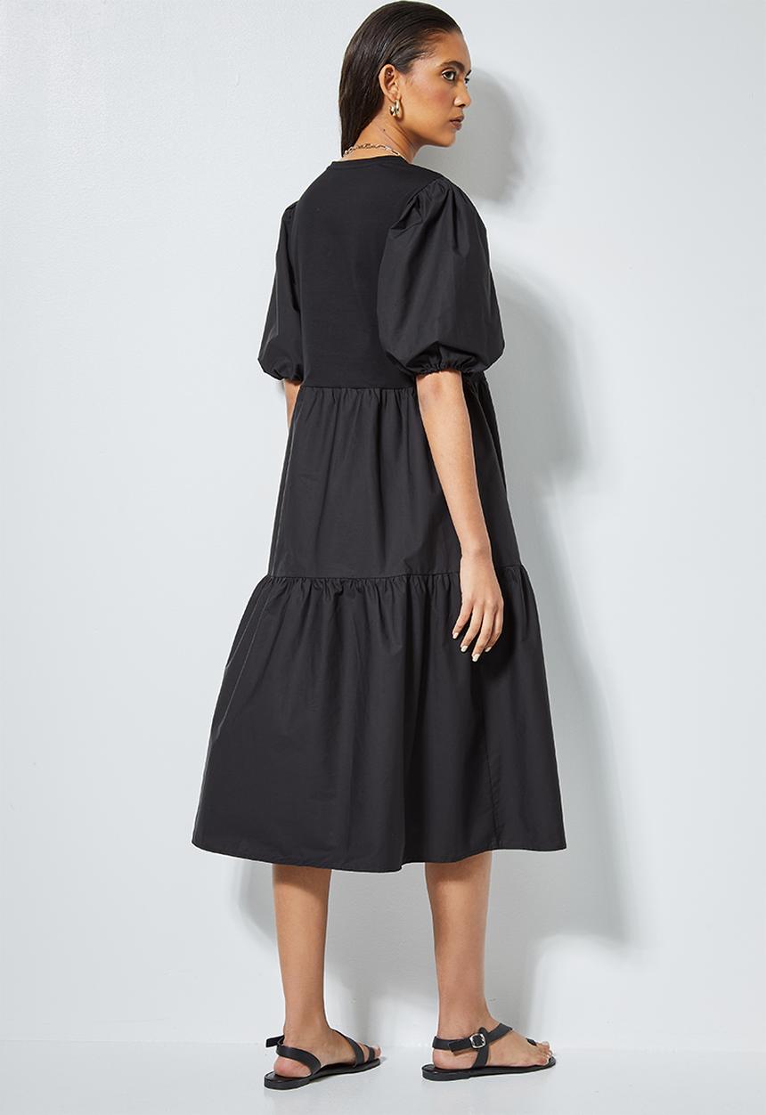 Superbalist - Combo fabric tiered dress - black