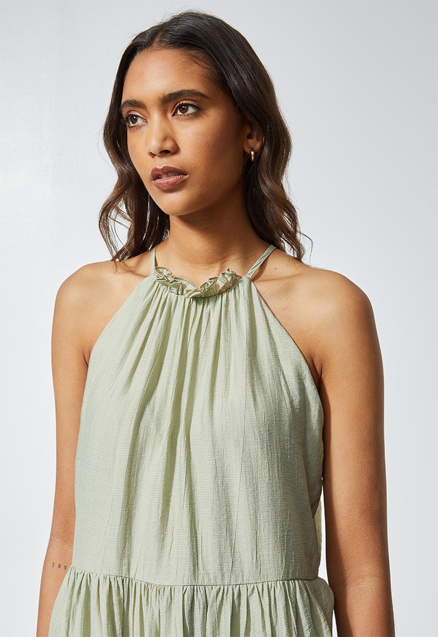 Superbalist - Texture fabric Halter neck tiered dress - sage