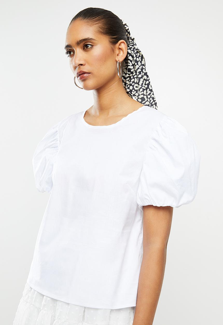 Blake - Combo poplin puff sleeve top - white