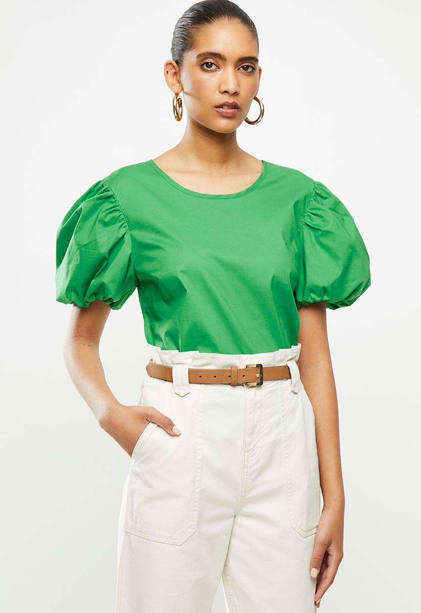 Blake - Cotton poplin puff sleeve top - green