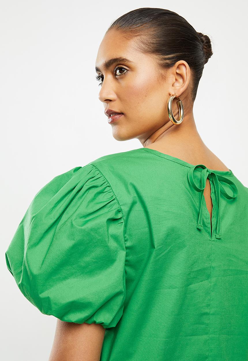 Blake - Cotton poplin puff sleeve top - green