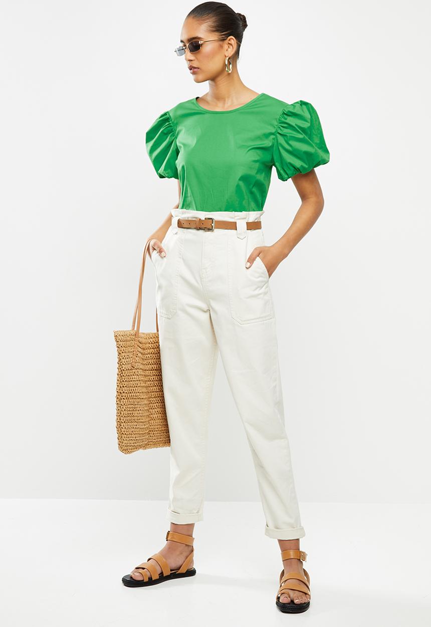 Blake - Cotton poplin puff sleeve top - green