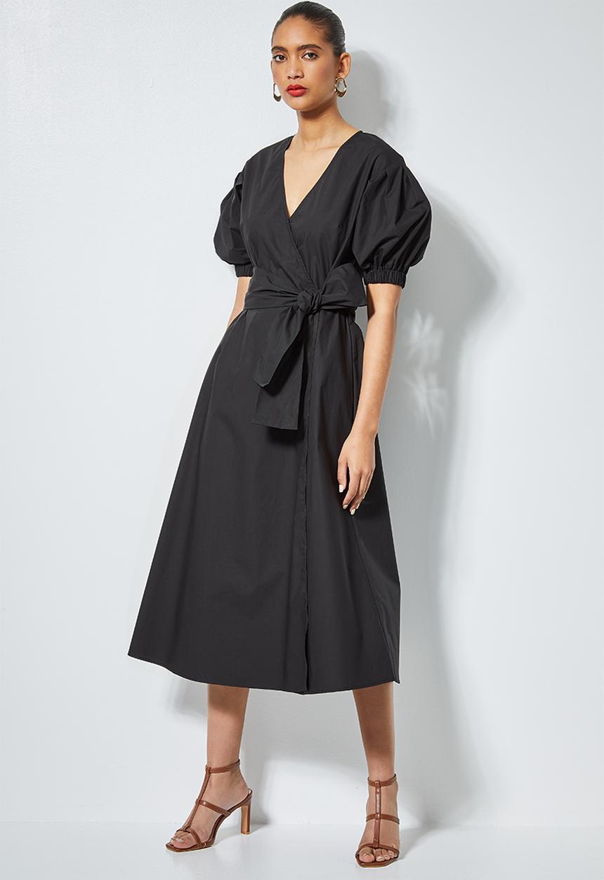 Superbalist - Poplin wrap dress with self tie belt - black