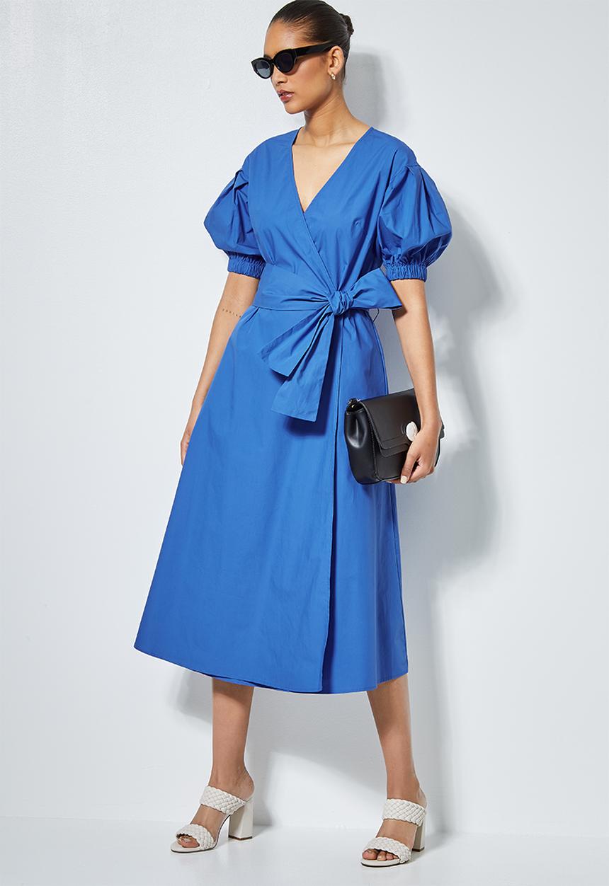 Superbalist - Poplin wrap dress with self tie belt - blue