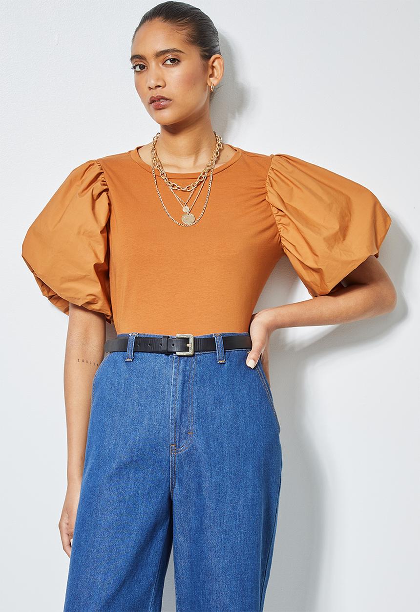 Superbalist - Puff  sleeve combo fabric top - rust