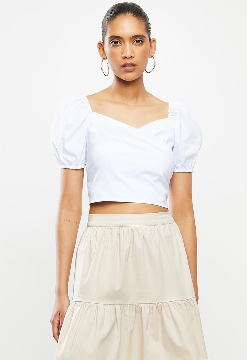 Blake - Mock wrap puff sleeve crop top - white