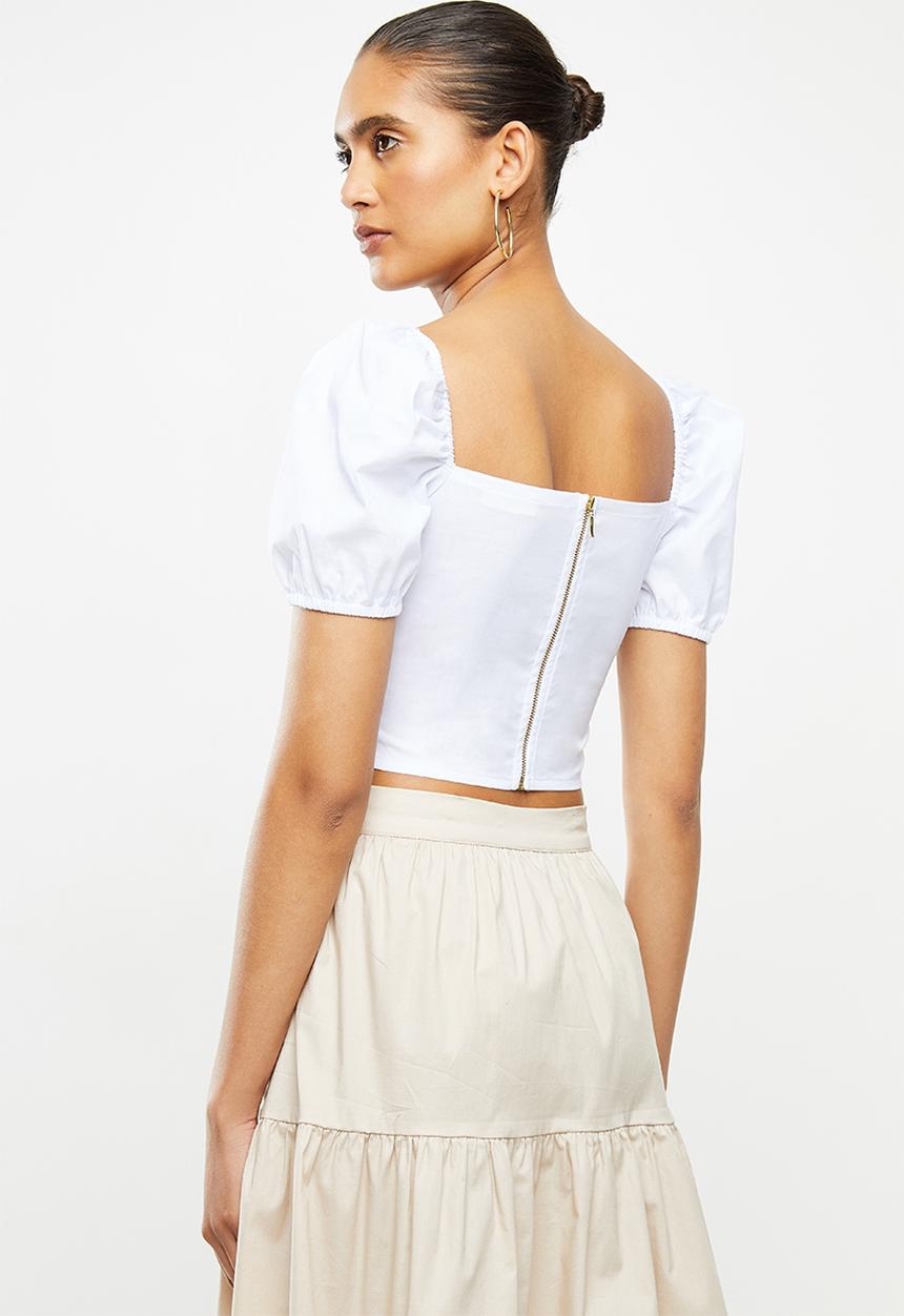 Blake - Mock wrap puff sleeve crop top - white