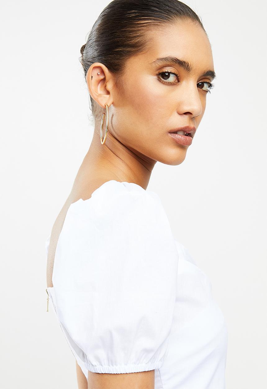 Blake - Mock wrap puff sleeve crop top - white