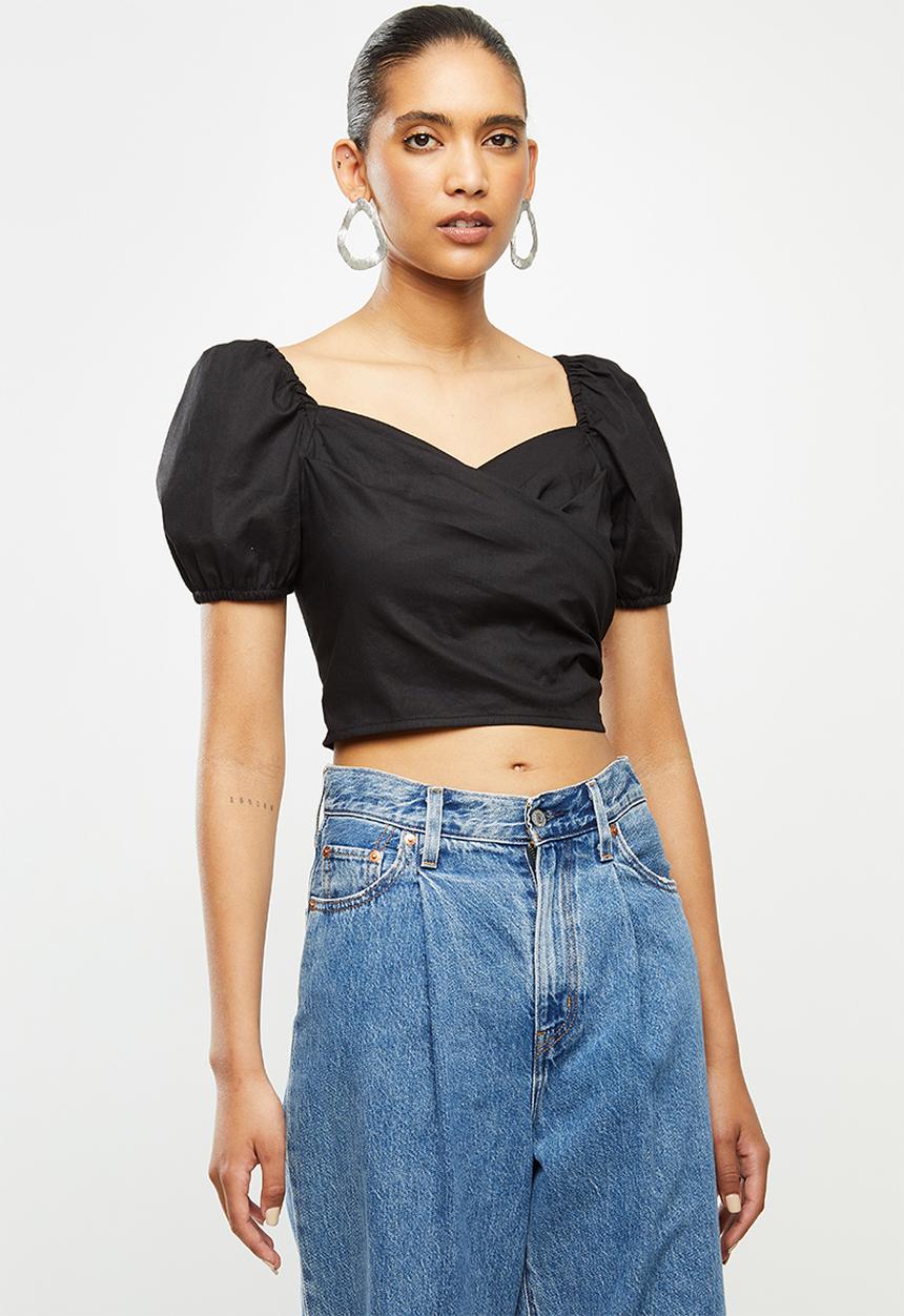 Blake - Mock wrap puff sleeve crop top - black