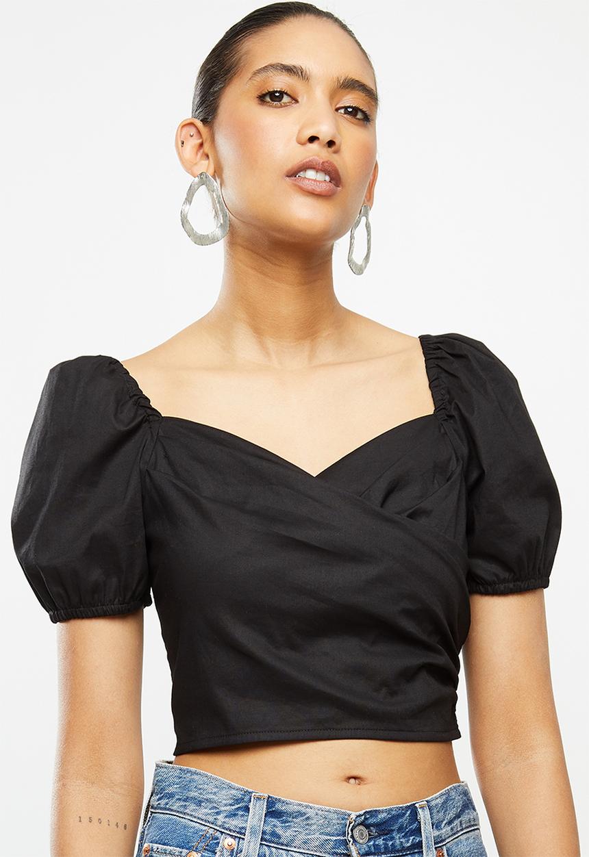 Blake - Mock wrap puff sleeve crop top - black