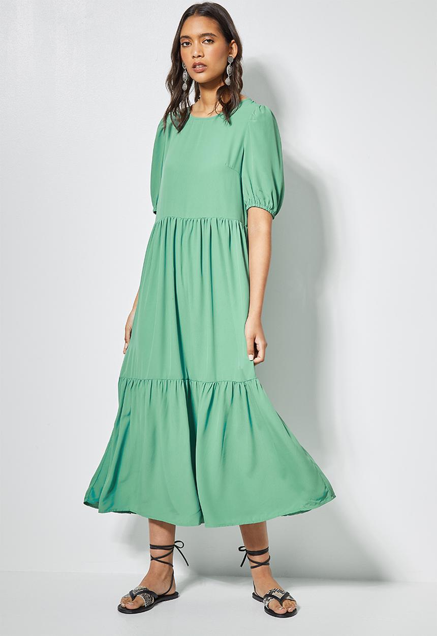 Superbalist - Puff sleeve tiered dress - green