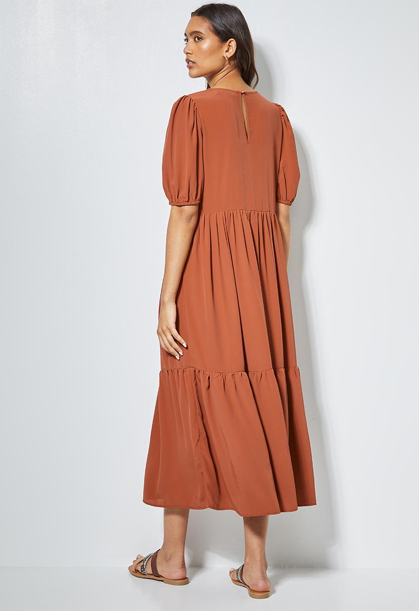Superbalist - Puff sleeve tiered dress - rust
