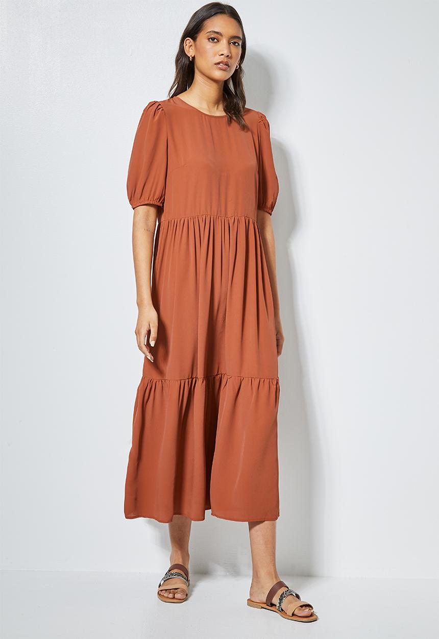 Superbalist - Puff sleeve tiered dress - rust
