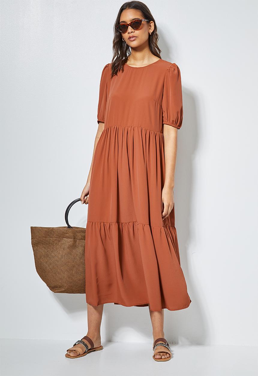 Superbalist - Puff sleeve tiered dress - rust