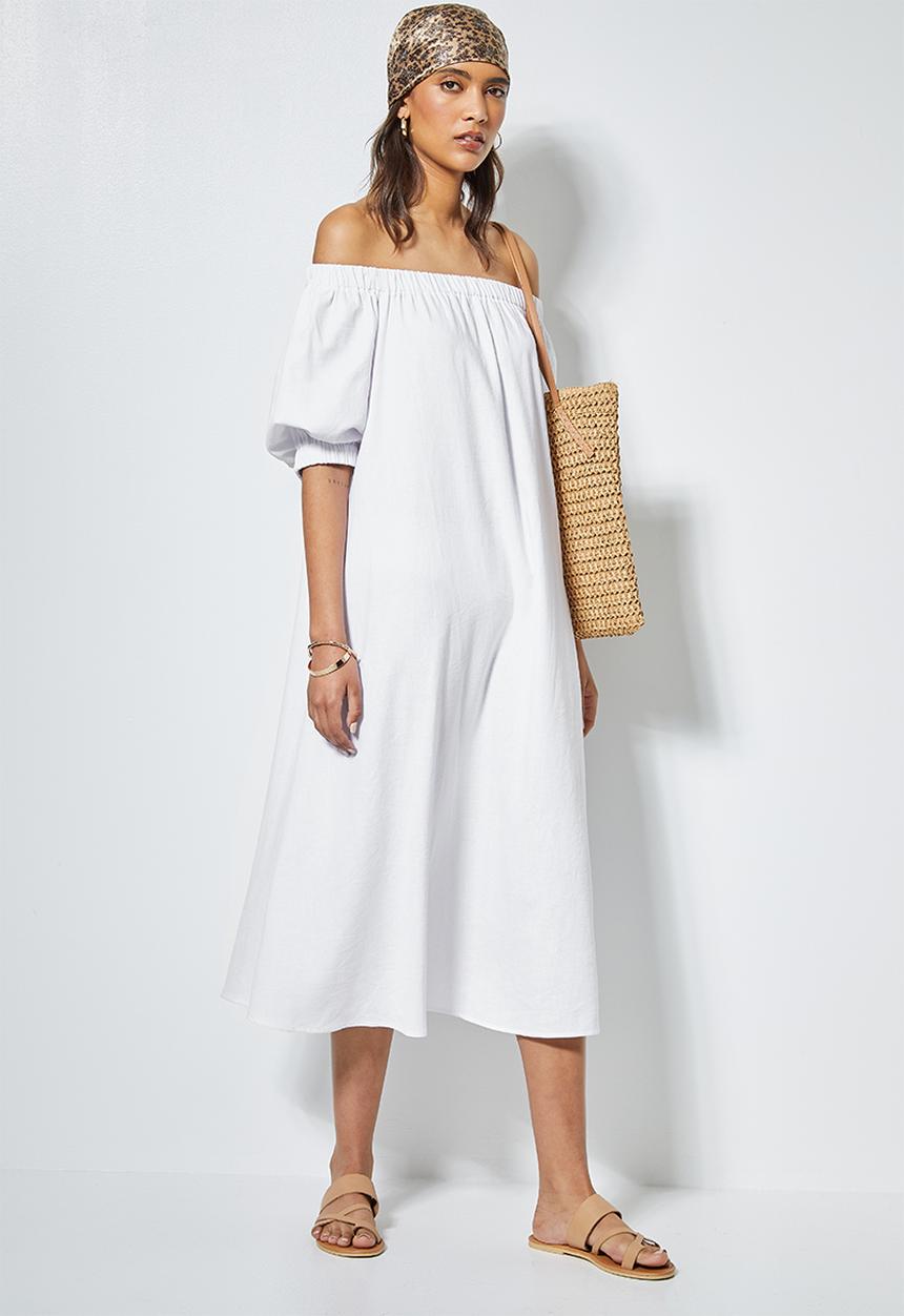 Superbalist - Linen blend off the shoulder dress - white