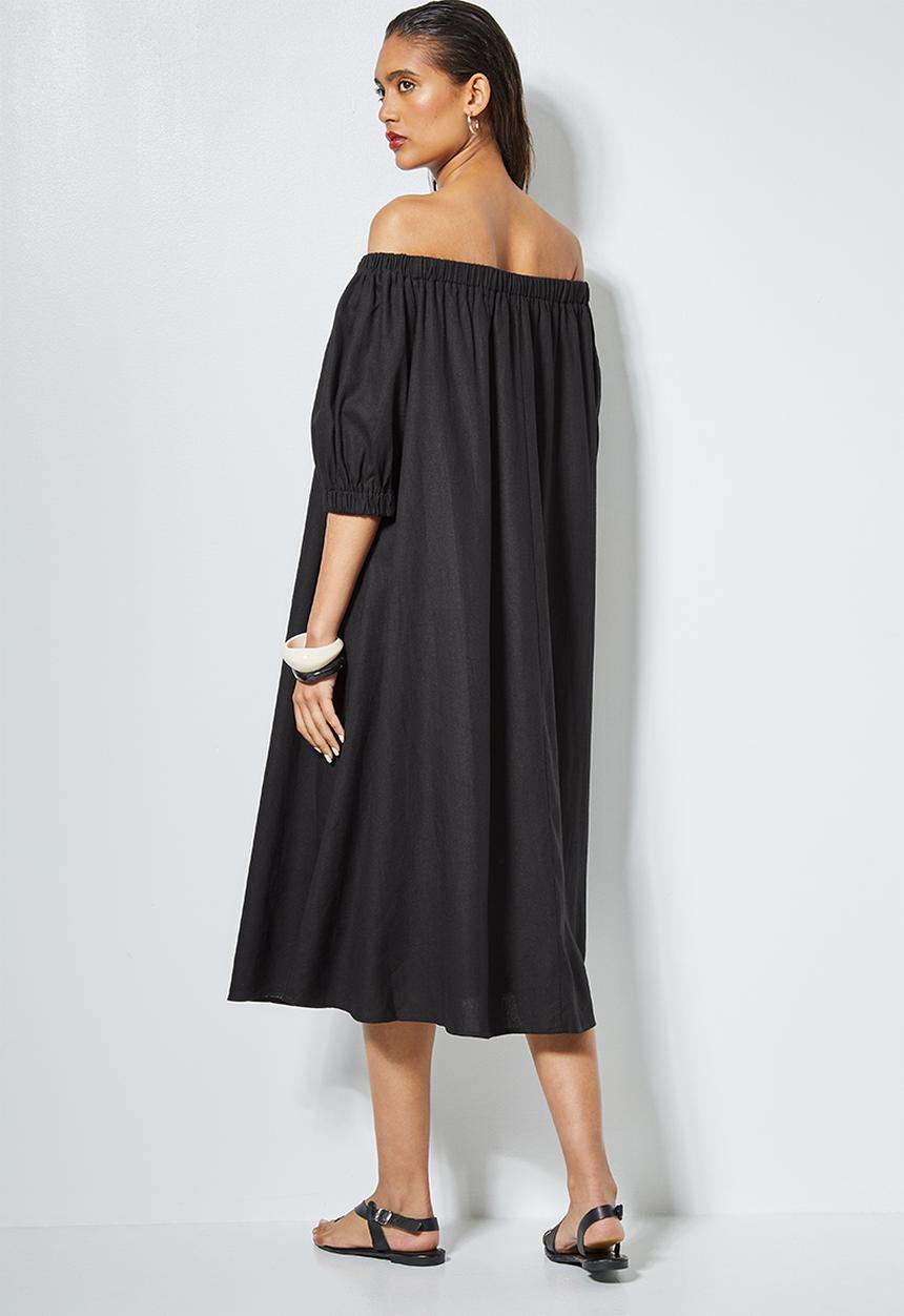 Superbalist - Linen blend off the shoulder dress - black