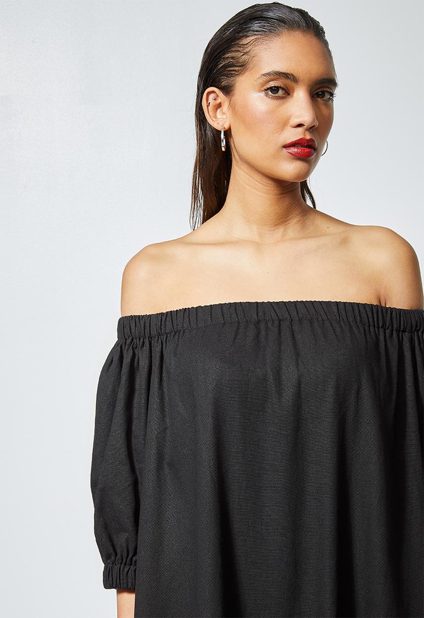 Superbalist - Linen blend off the shoulder dress - black