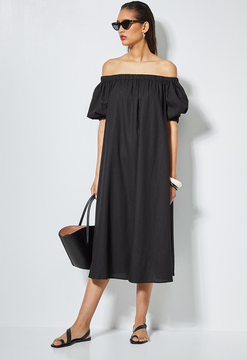Superbalist - Linen blend off the shoulder dress - black