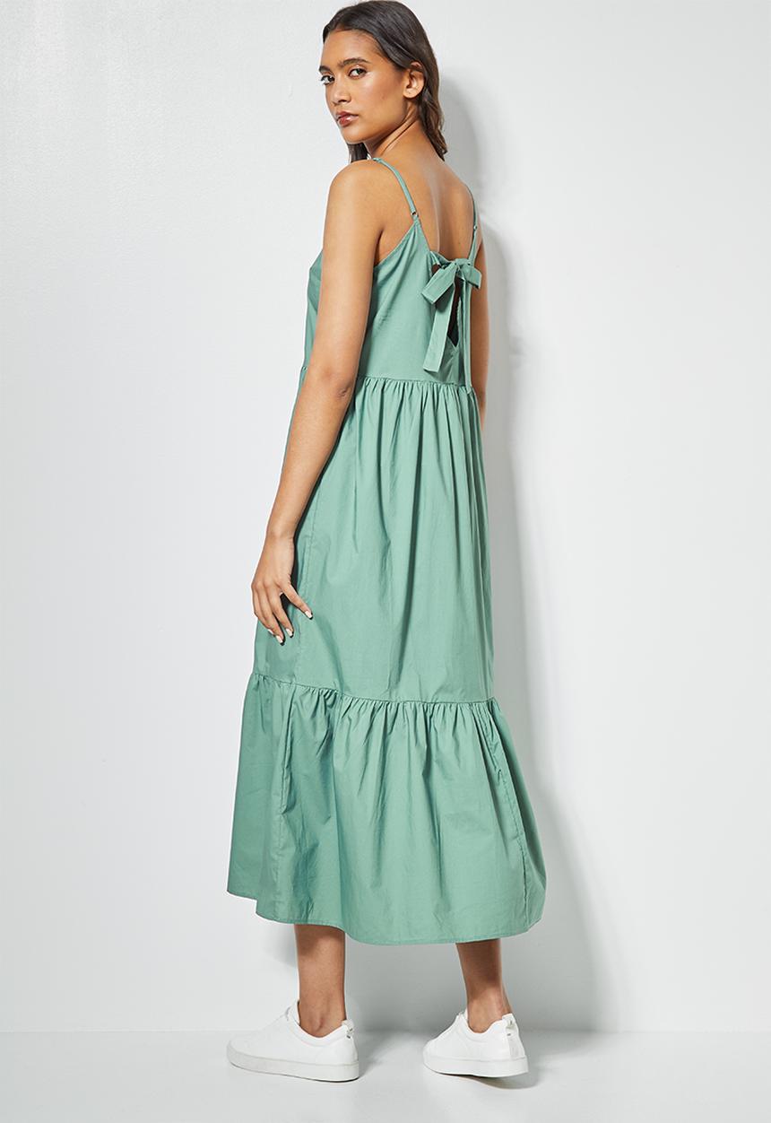 Superbalist - Tie back cotton strappy midi dress - dark sage 