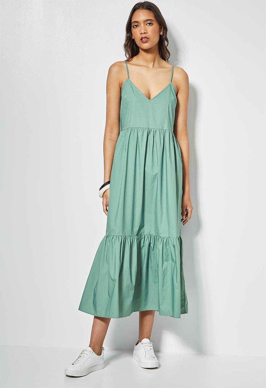 Superbalist - Tie back cotton strappy midi dress - dark sage 