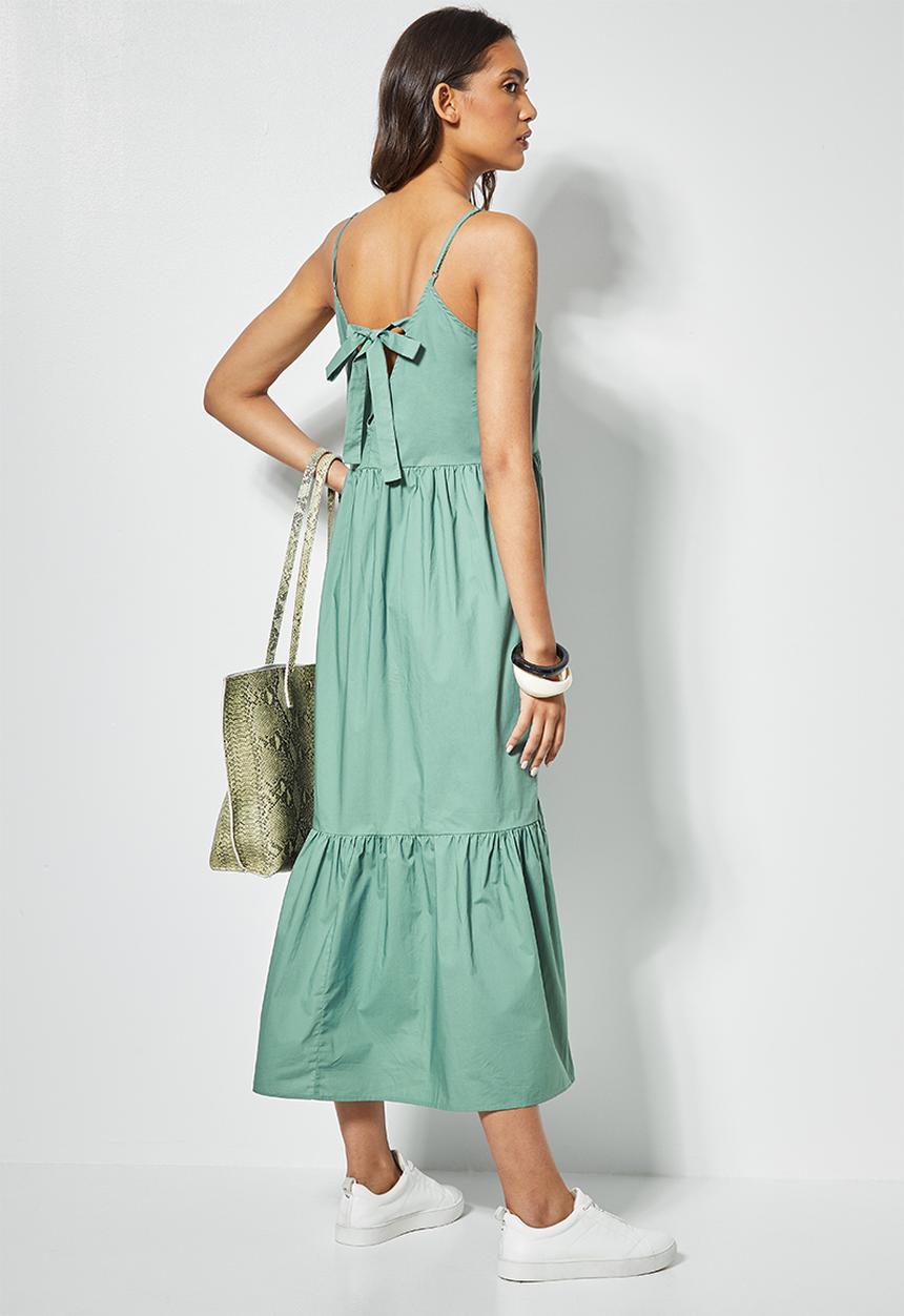 Superbalist - Tie back cotton strappy midi dress - dark sage 