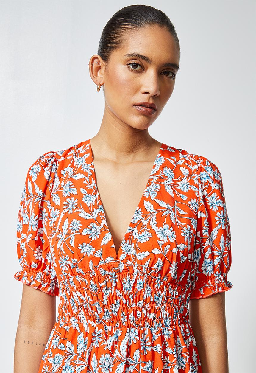 Superbalist - V-neck dress with shirred waist & open back - tangerine floral