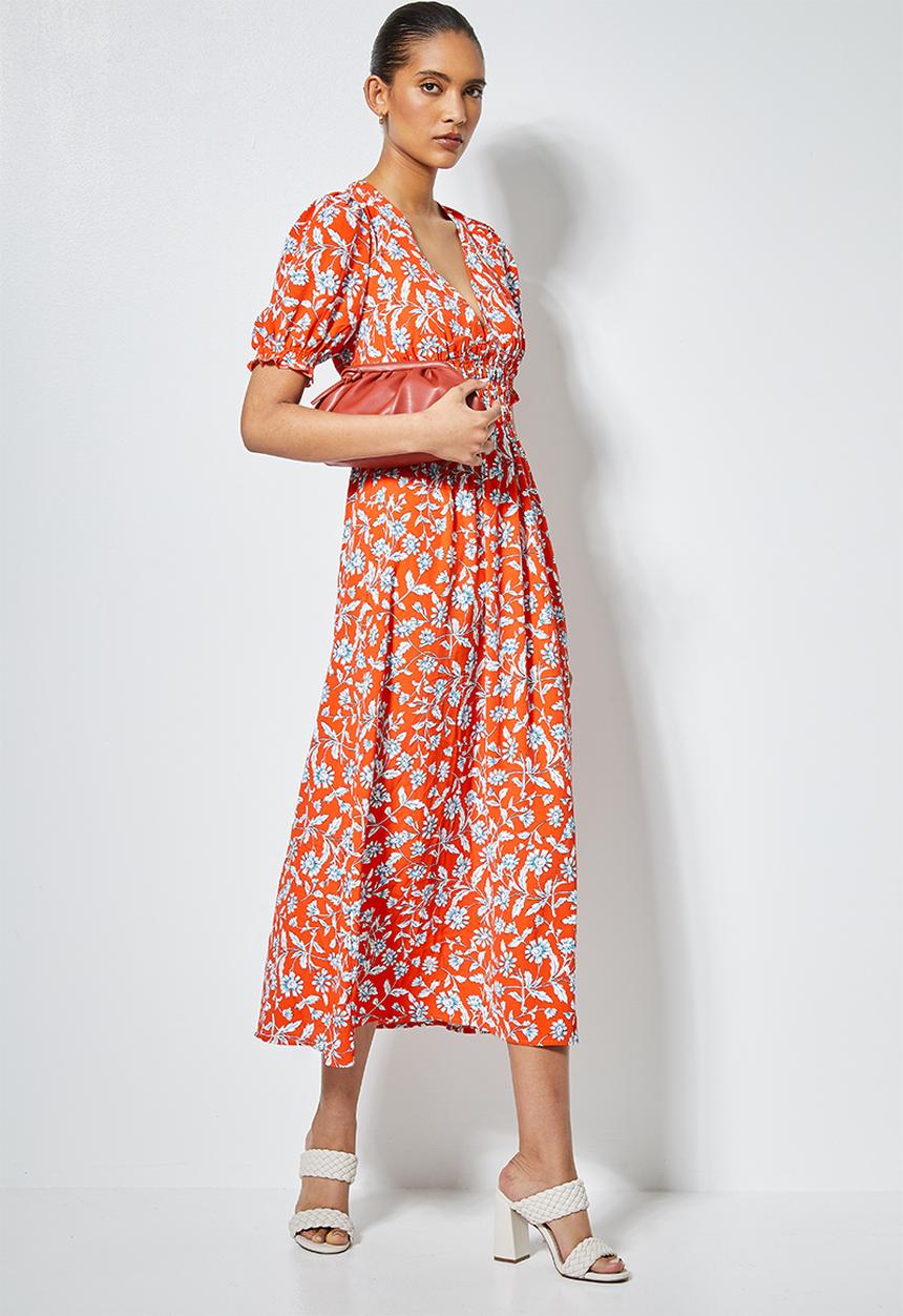 Superbalist - V-neck dress with shirred waist & open back - tangerine floral