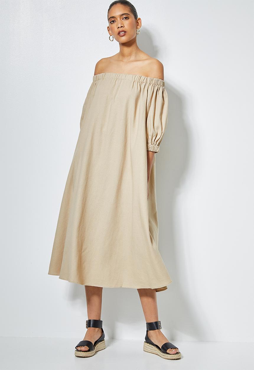 Superbalist - Linen blend off the shoulder dress - clay