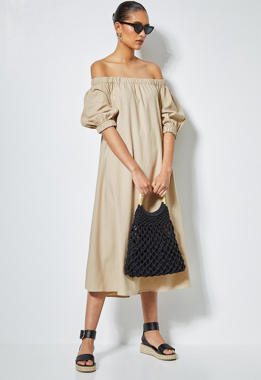 Superbalist - Linen blend off the shoulder dress - clay