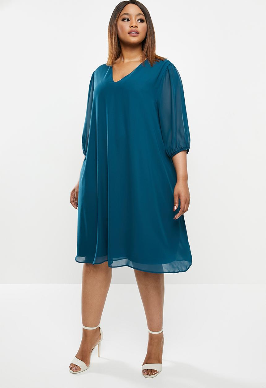edit Plus - Sheer balloon sleeve trapeze dress - teal