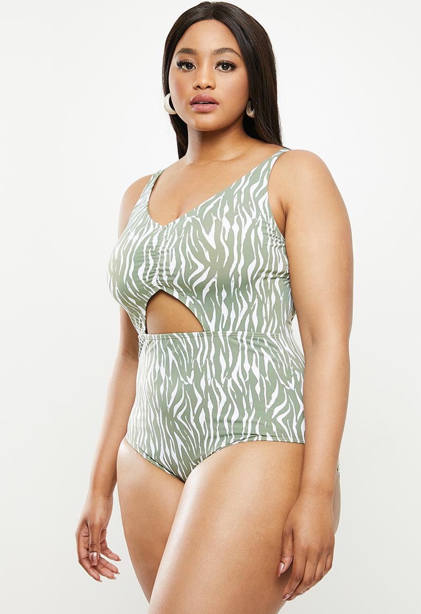 Cotton On - Curve ruched front one piece - khaki & white