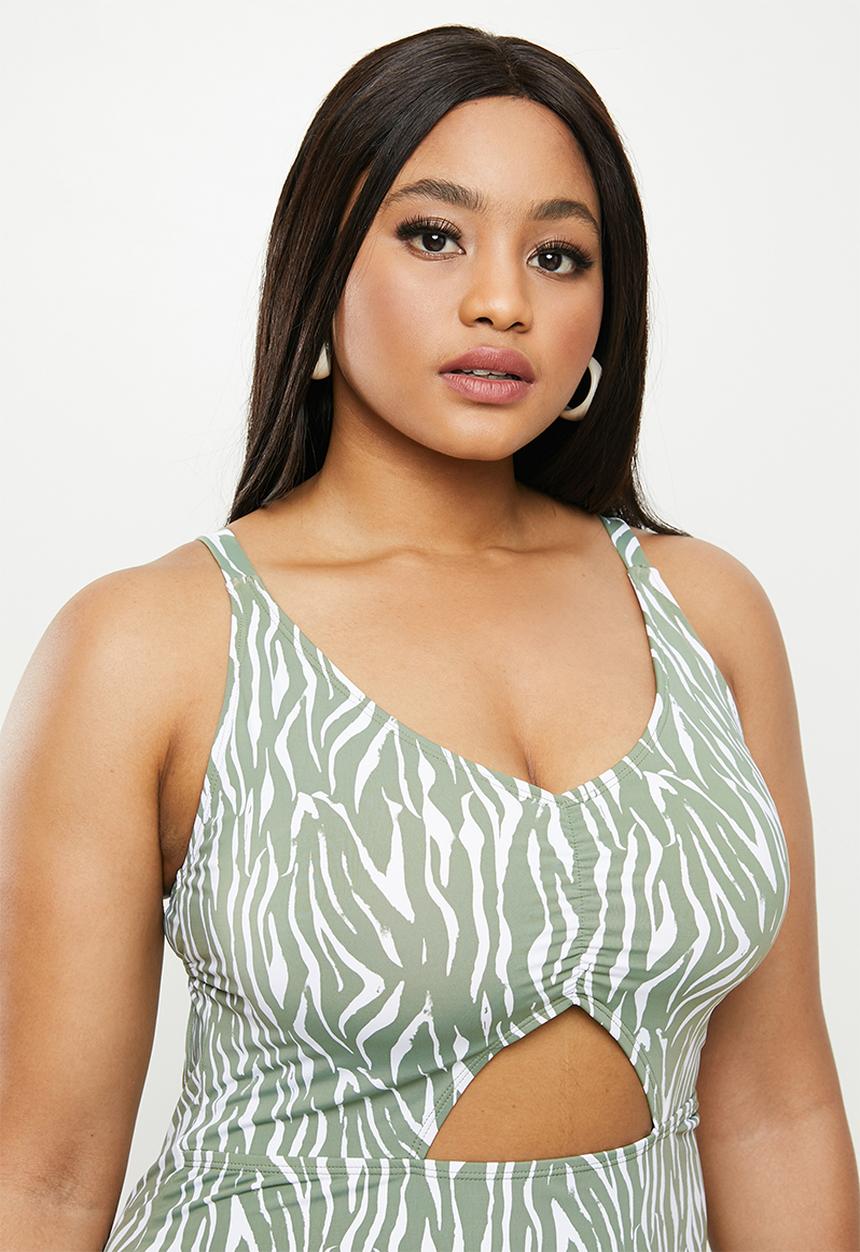 Cotton On - Curve ruched front one piece - khaki & white
