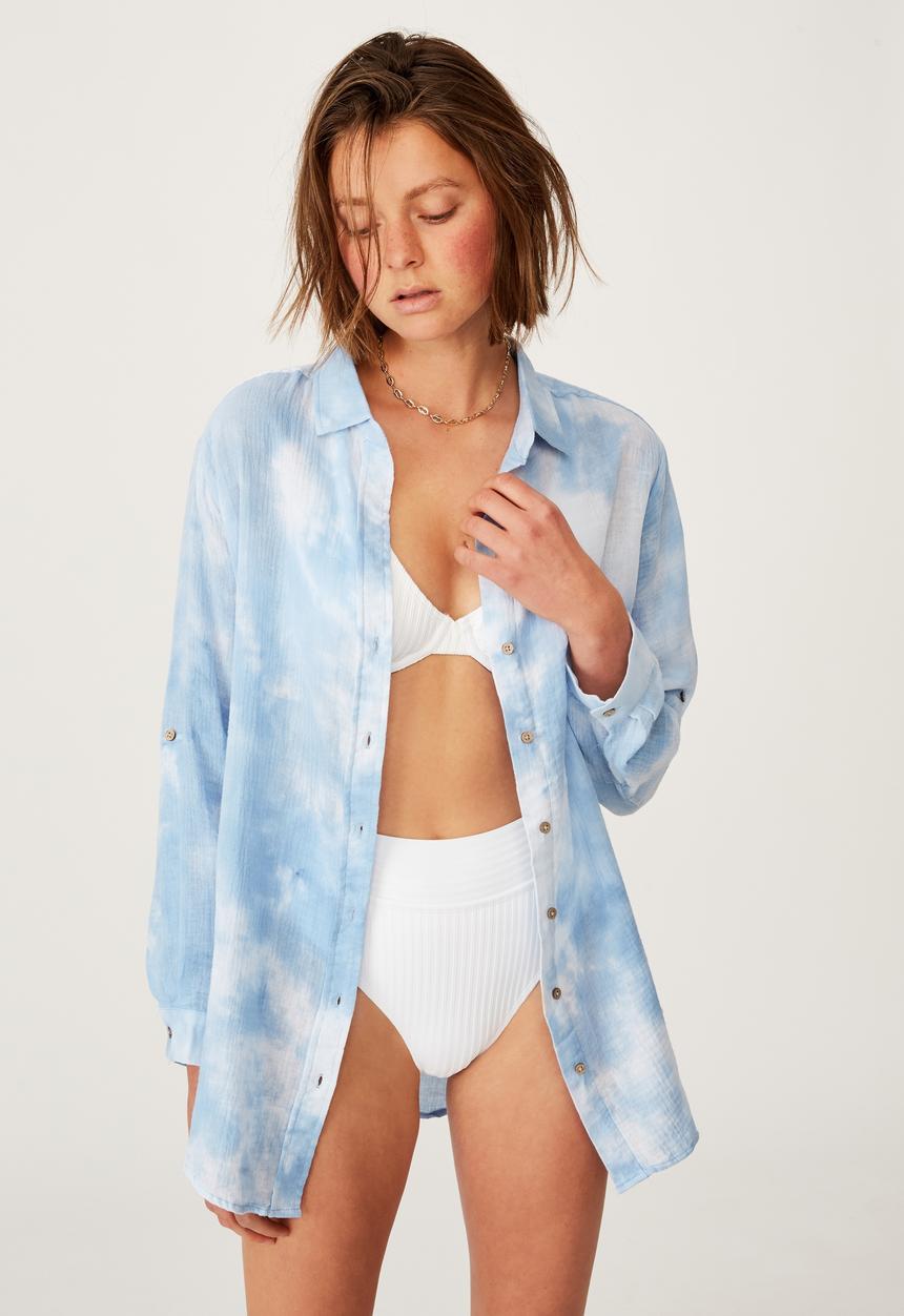 Cotton On - Oversized beach shirt -powder blue tie dye