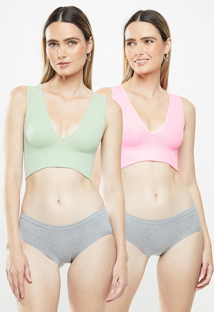 Cotton On - Seamfree plunge crop - pink & green