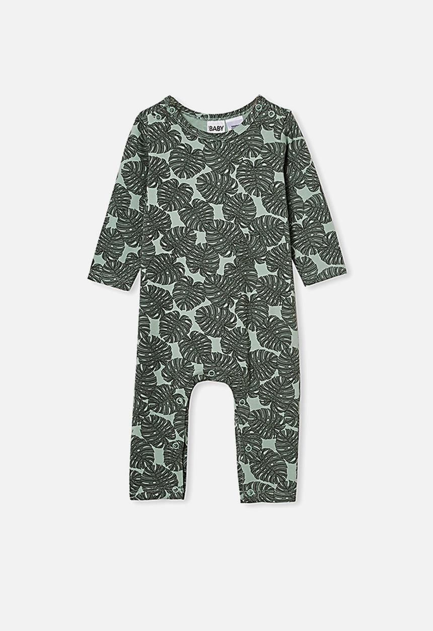 Cotton On - The long sleeve snap romper - smashed avo/tropical leaves