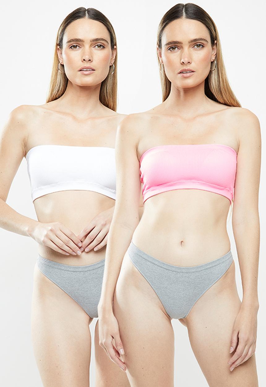 Cotton On - Seamfree rib bandeau 2 pack - white & pink